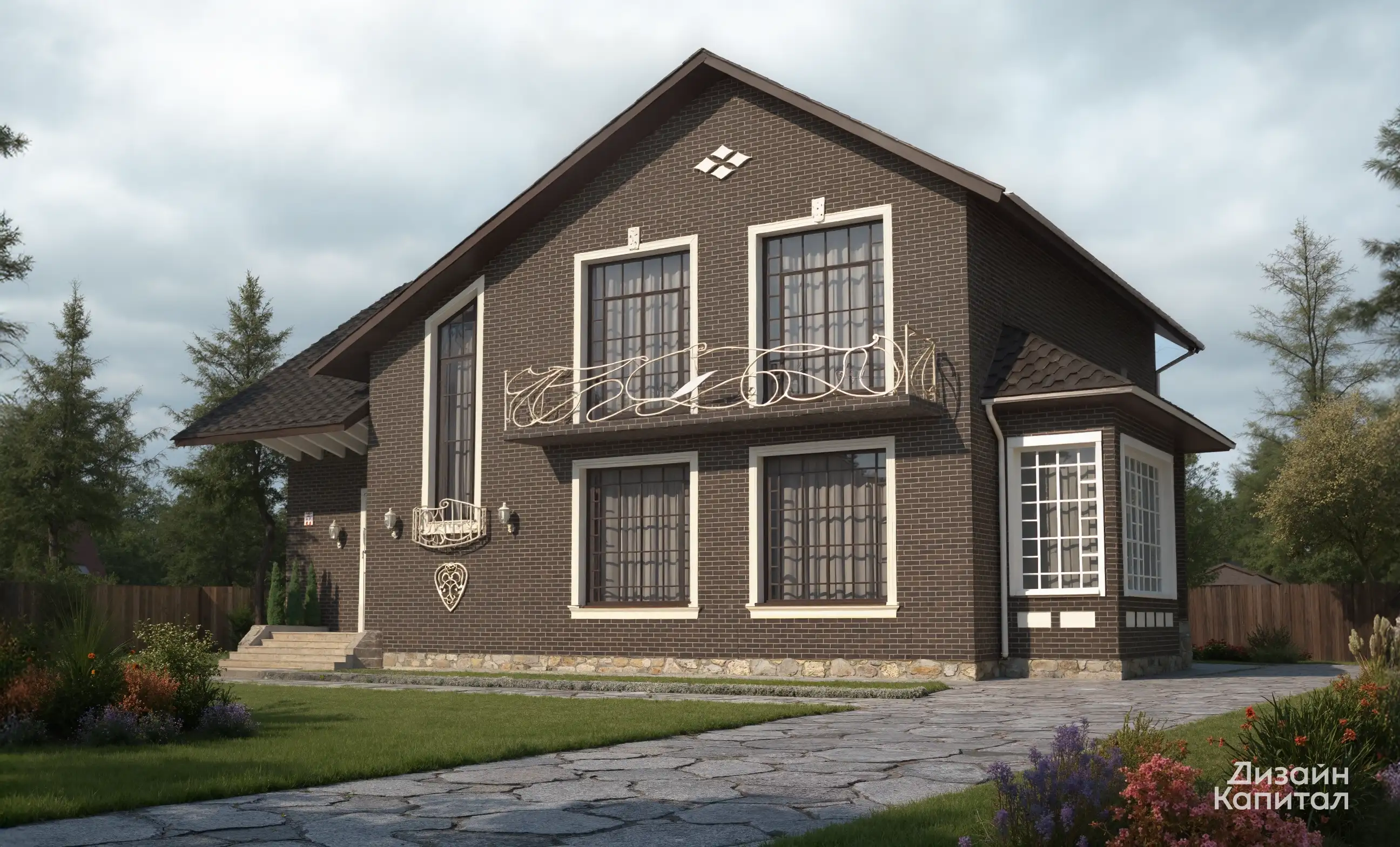 Facade trimmed with chocolate brick