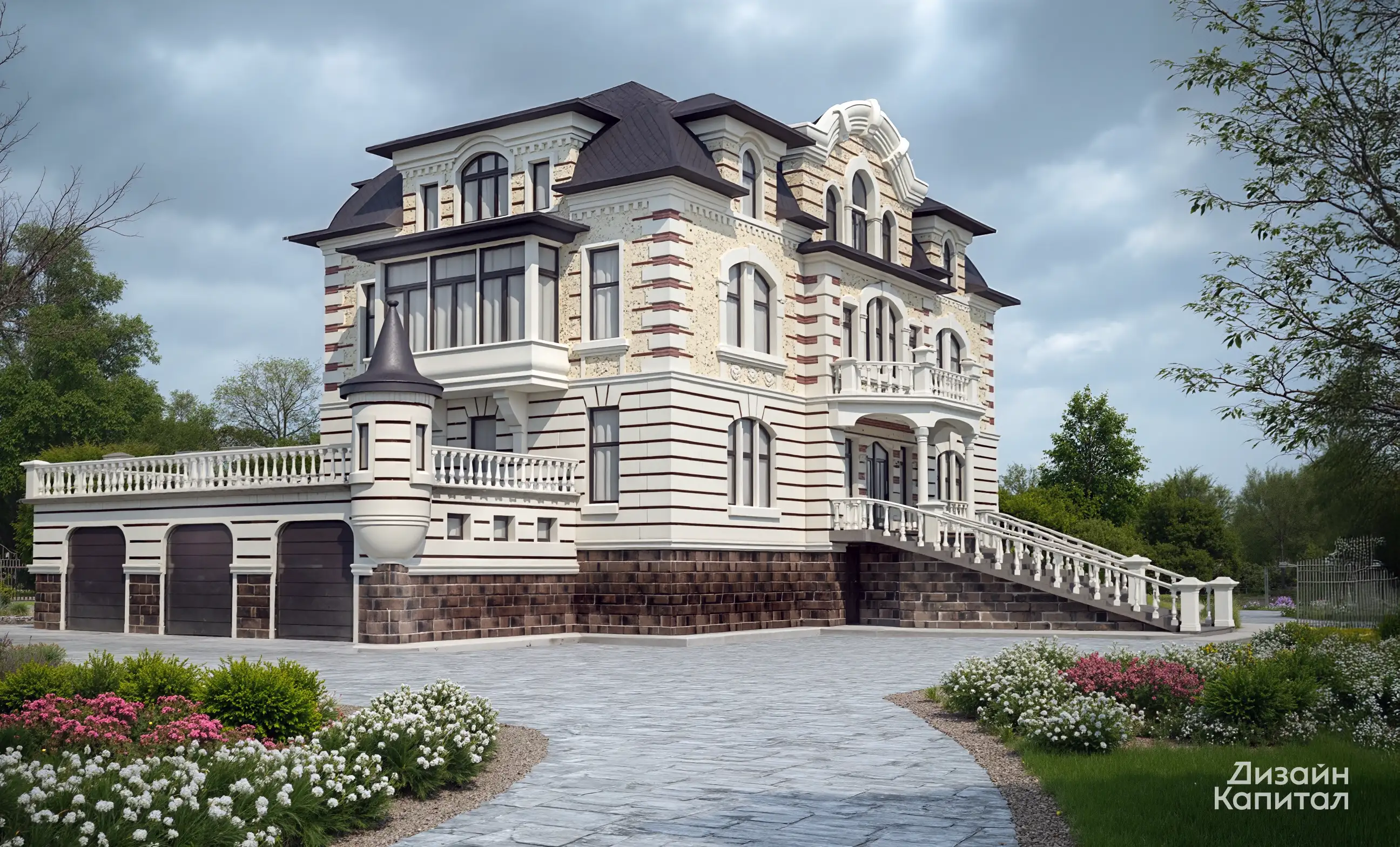 Facade of a three-story Flanders-style house with opulent decor and a large garage