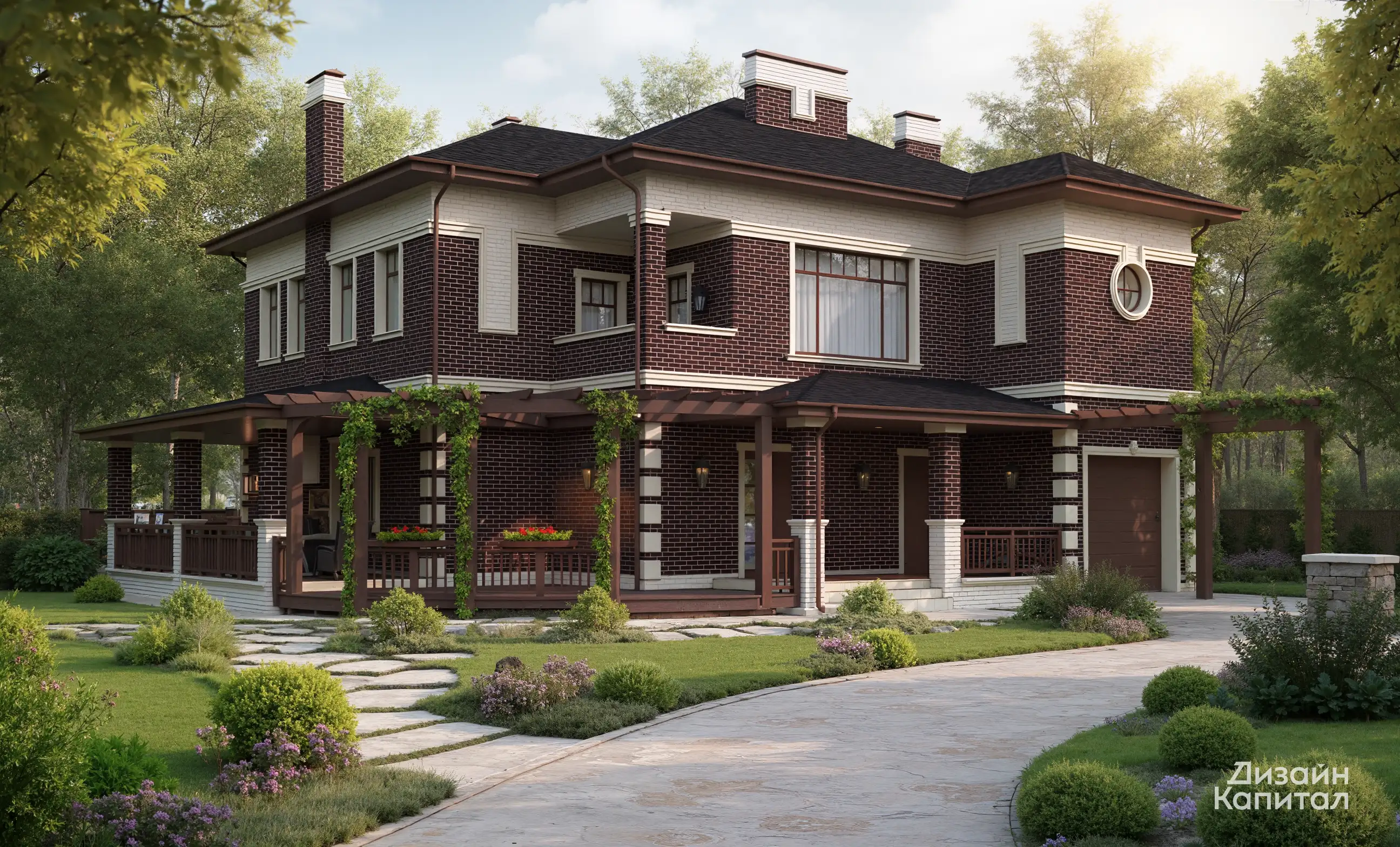 English style facade with a terrace. Dark Burgundy brick