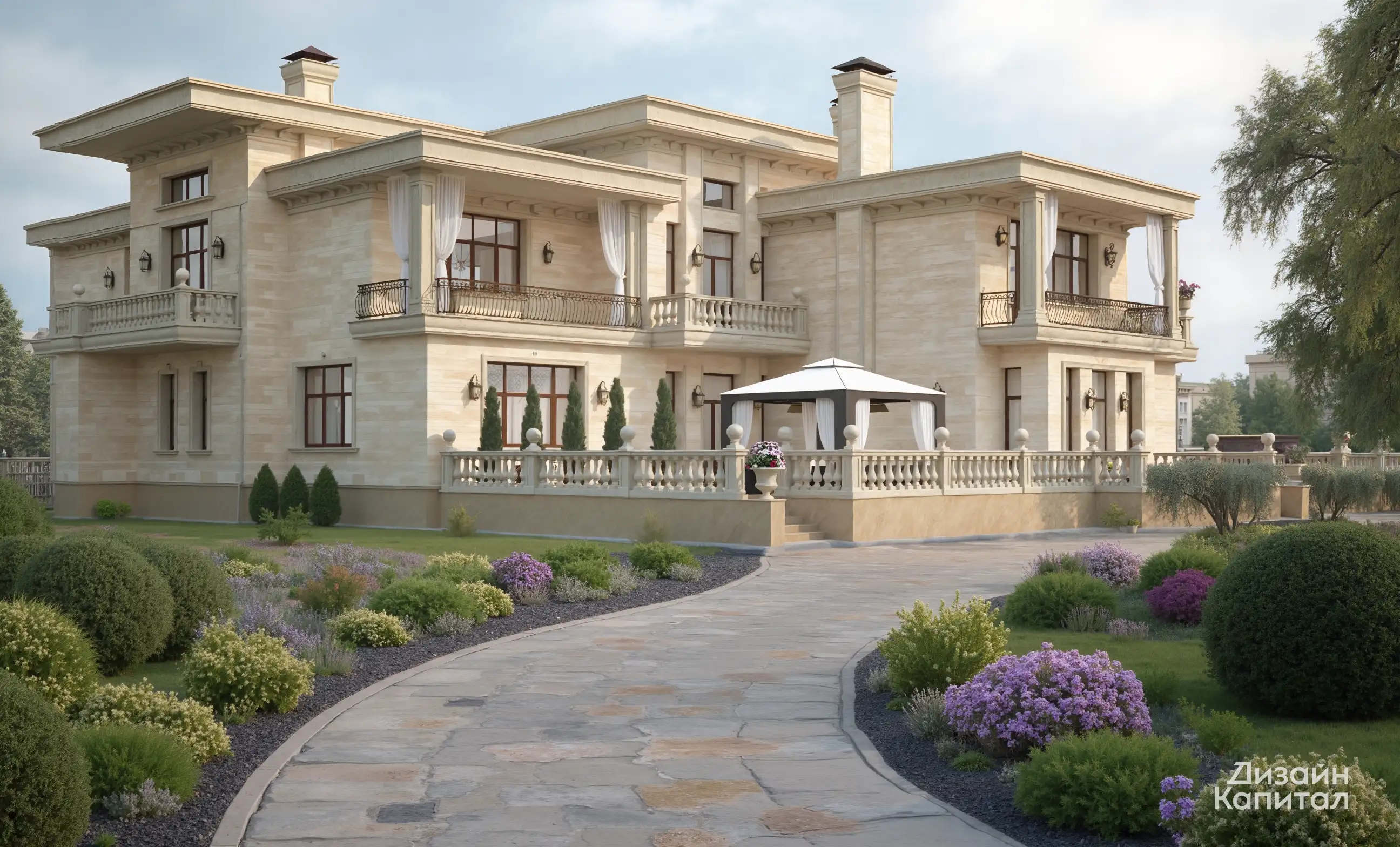 Facade design of a large mansion. travertine