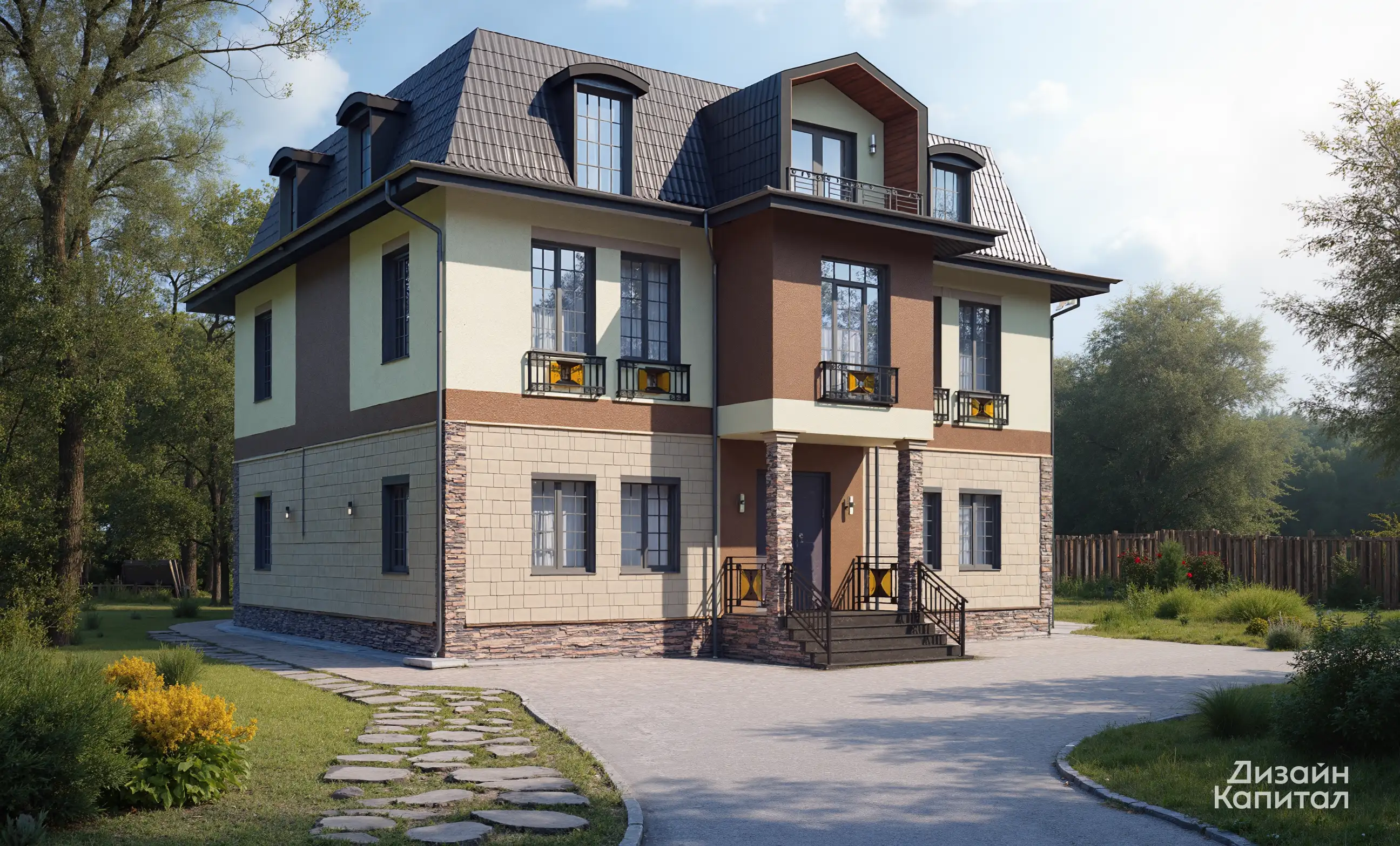 Project of a house facade with an attic. Metal and colored glass fences