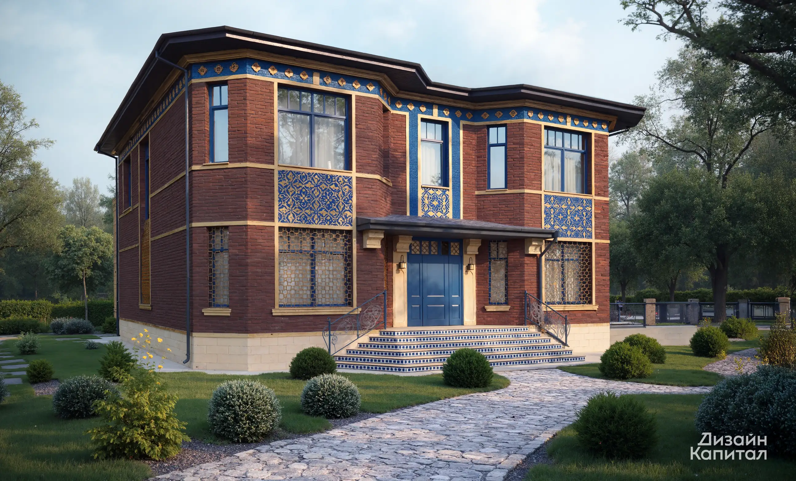 Oriental Style Facade Project. Dark red brick and ultramarine sgraffito
