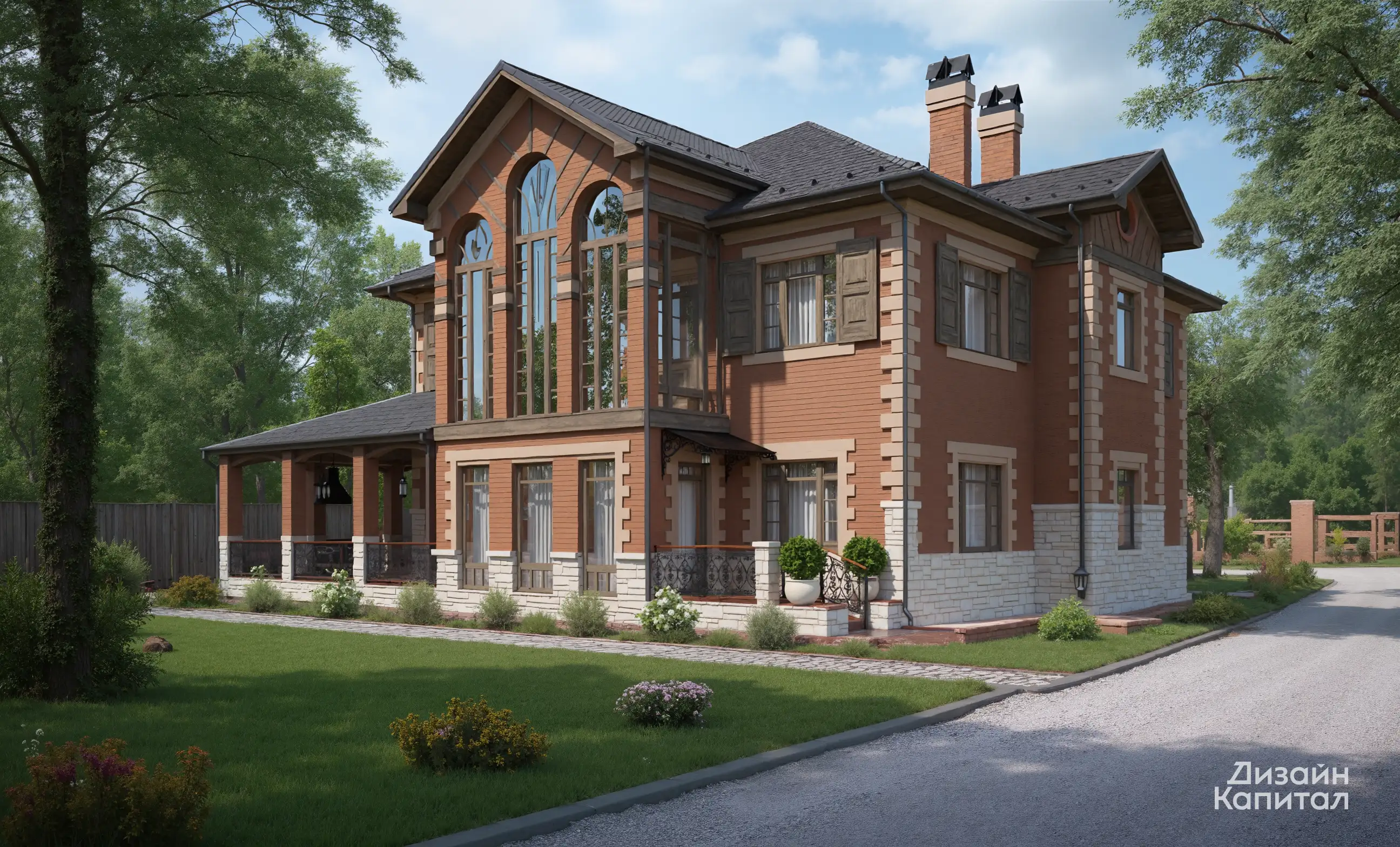 Brick facade of Gothic style house, in Moscow region. White stone plinth