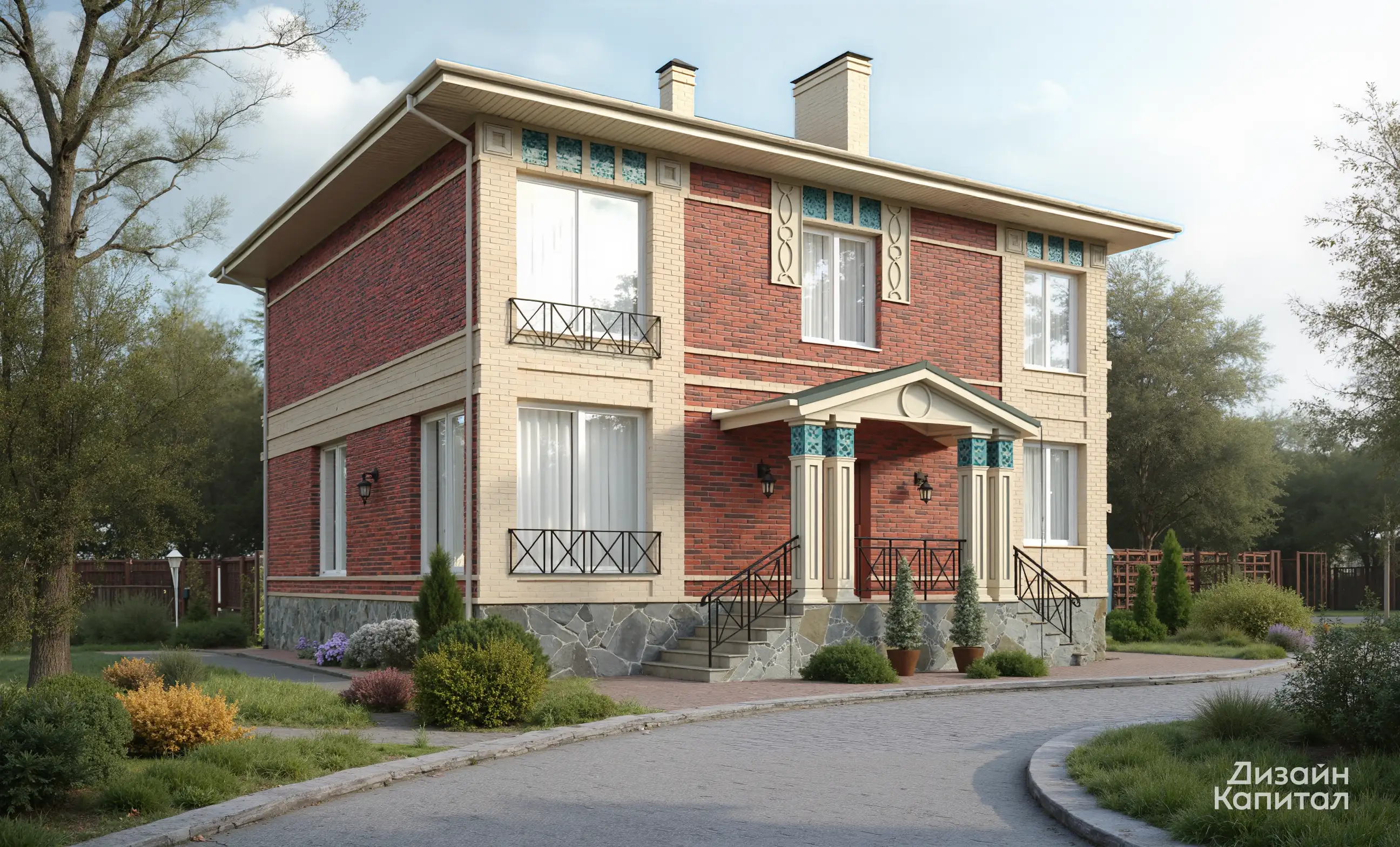 Facade of brick house with portico and decorative inserts. Turquoise mosaic