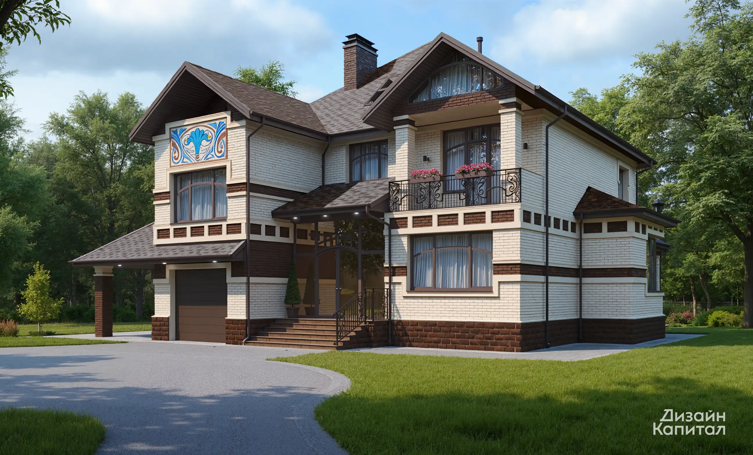 Mosaic façade project. Beige brick, blue roof