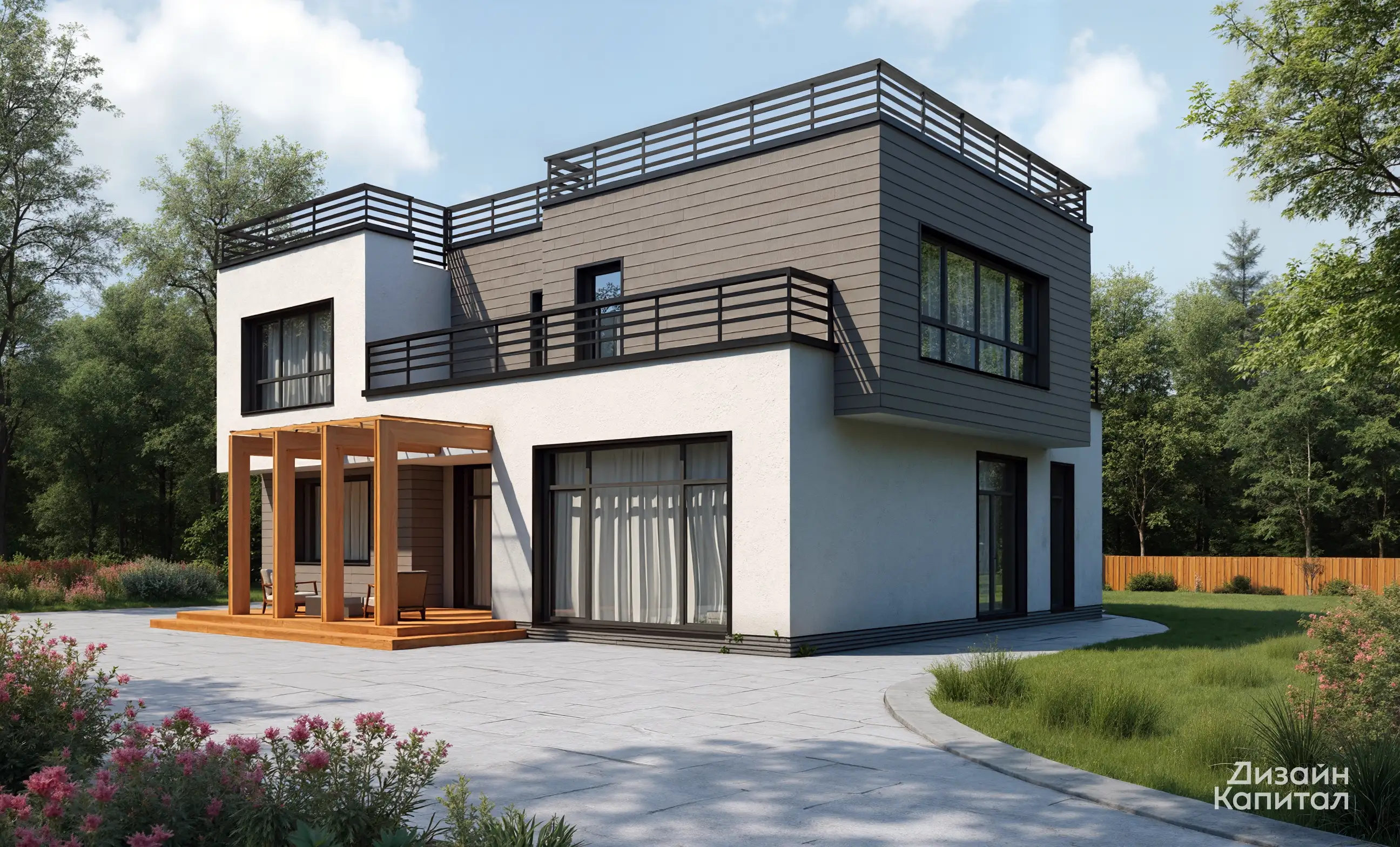 Modern house facade. White stucco on the first floor and gray fiber cement boards on the second floor