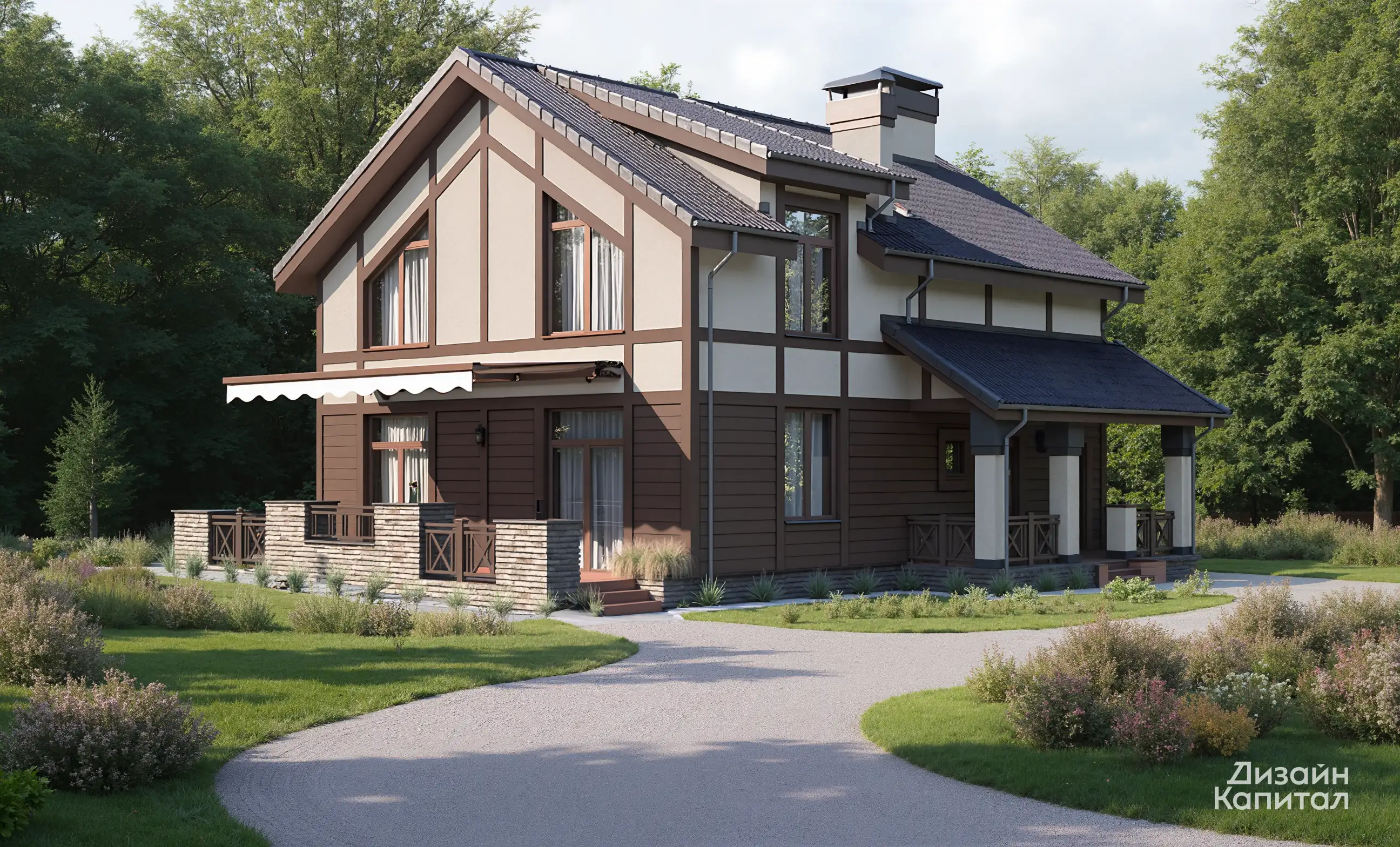 Facade of a small half-timbered house. first floor brown board, second floor light beige plaster